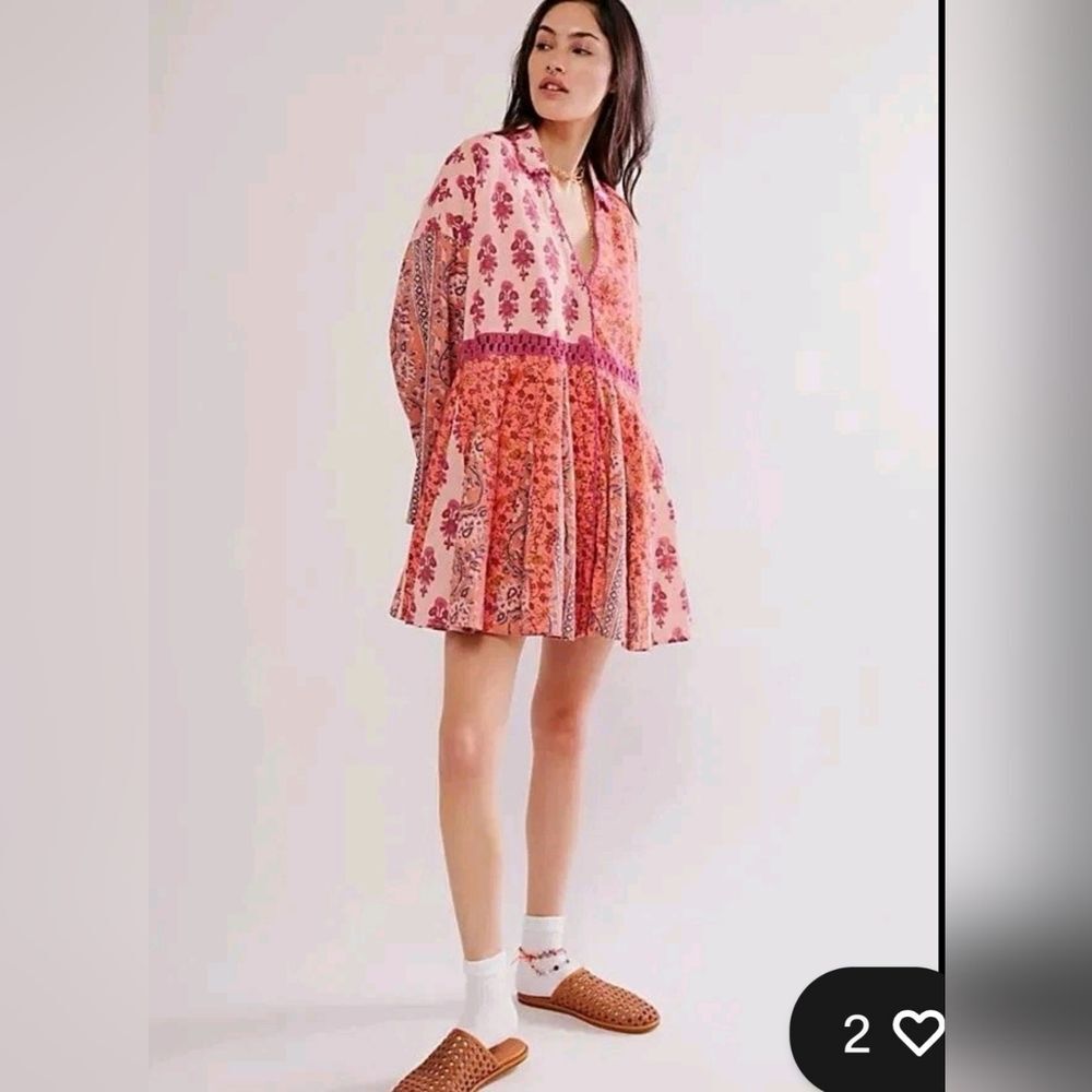 Free People Hazy Baby Printed Mini Dress Pleated Red And Yellow Combo's Size M